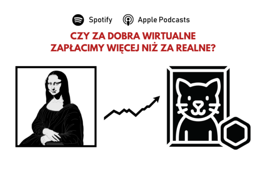 Z lewej strony symboliczne przedstawienie obrazu Mona Lisa autorstwa Leonarda Da Vinci, z prawej obraz kota z symbolem tokena NFT (tokenizacja sztuki). Pomiędzy nimi wykres pokazujący trend wzrostowy. Nad obrazami pytanie "Czy za dobra wirtualne zapłacimy więcej niż za realne?".