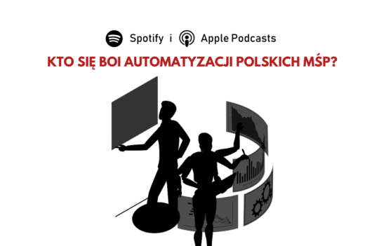 Dwie postacie współpracujące ze sobą: człowiek, który spogląda na tablicę, oraz wieloręki robot analizujący różne wykresy. Nad nimi napis: Kto się boi automatyzacji polskich MŚP?