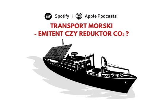 Rysunek statku morskiego z panelami fotowoltaicznymi na dachu. Nad obrazkiem pytanie: "Transport morski - emitetnt czy reduktor CO2?".