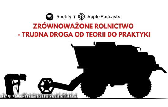 Po lewej stronie postać pochylająca się i zbierająca plony z pola ryżowego. Na prawo od postaci stoi kombajn rolniczy. Nad nimi napis: "Zrównoważone rolnictwo - trudna droga od teorii do praktyki?".